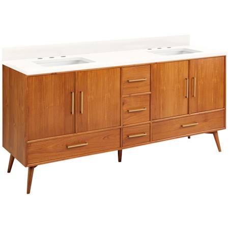 Signature Hardware Novak 72" Freestanding Teak Double Basin Vanity Set with Cabinet, Vanity Top, and Rectangular Undermount Sinks - 8" Faucet Holes Teak / Arctic White