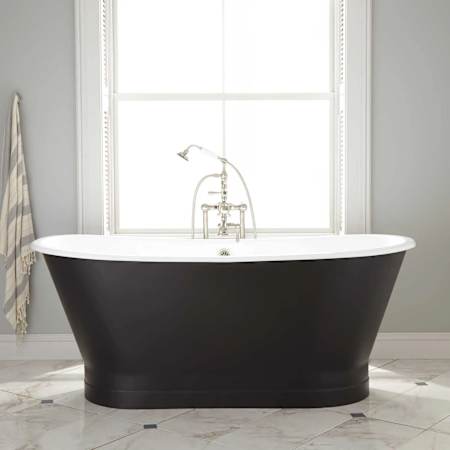 Signature Hardware 67" Kateryn Cast Iron Double-Ended Skirted Bateau Tub - Rolled Rim - Drain Black / Black