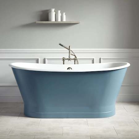 Signature Hardware Kateryn 67" Cast Iron Soaking Freestanding Tub in Slate Blue with Included Overflow Drain Slate Blue / Black