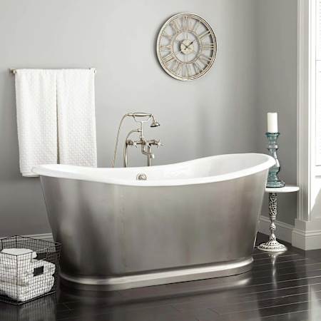 Signature Hardware Dorset 66" Cast Iron Soaking Double Slipper Freestanding Tub with Included Overflow Drain Stainless Steel / Black