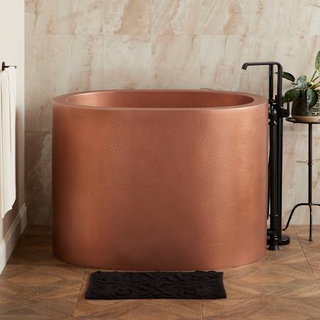 Signature Hardware Raksha 48" Copper Freestanding Japanese Soaking Tub with Foam Insulation - Less Drain Antique Copper Patina