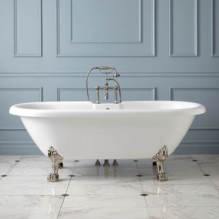 Signature Hardware Audrey 69" Clawfoot Acrylic Soaking Tub - Less Drain White / Brushed Nickel Feet