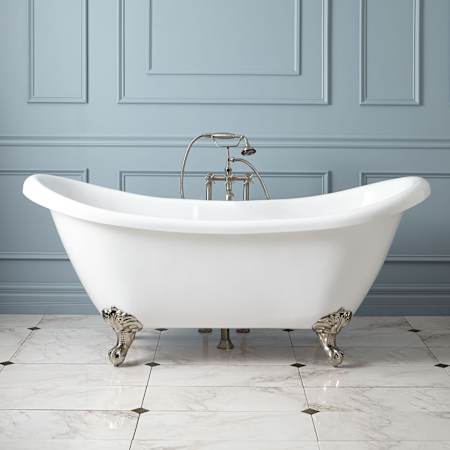 Signature Hardware Rosalind 69" Acrylic Soaking Clawfoot Tub with Pre-Drilled Overflow Hole, Imperial Feet, and Rolled Rim - Less Drain White / Brushed Nickel