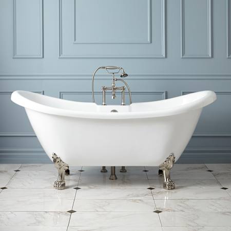 Signature Hardware Rosalind 69" Acrylic Soaking Clawfoot Tub with Pre-Drilled Overflow Hole, Lion Paw Feet and Tap Deck - Less Drain White / Brushed Nickel