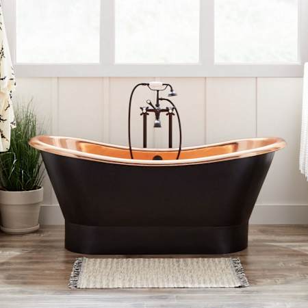 Signature Hardware Thaine 70" Copper Soaking Double Slipper Freestanding Tub with Pre-Drilled Overflow Hole and Rolled Rim - Less Drain Black