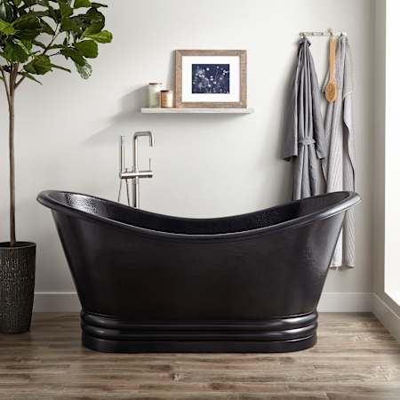 Signature Hardware Raye 71" Copper Soaking Pedestal Freestanding Tub with Rolled Rim - Less Drain Antique Black