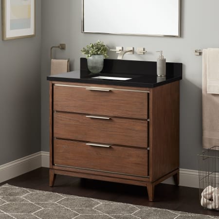 Signature Hardware Hytes 36" Freestanding Mahogany Single Basin Vanity Set with Cabinet, Vanity Top, and Rectangular Undermount Sink - No Faucet Holes Carob Brown / Absolute Black