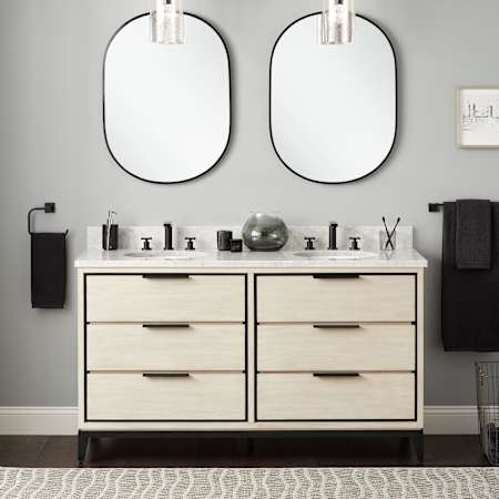 Signature Hardware Hytes 60" Freestanding Mahogany Double Basin Vanity Set with Cabinet, Vanity Top, and Oval Undermount Sink - 8" Widespread Faucet Holes Sky Gray / Carrara Marble