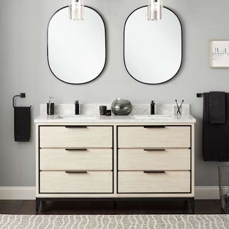 Signature Hardware Hytes 60" Freestanding Mahogany Double Basin Vanity Set with Cabinet, Vanity Top, and Rectangular Undermount Sink - Single Faucet Holes Sky Gray / Carrara Marble