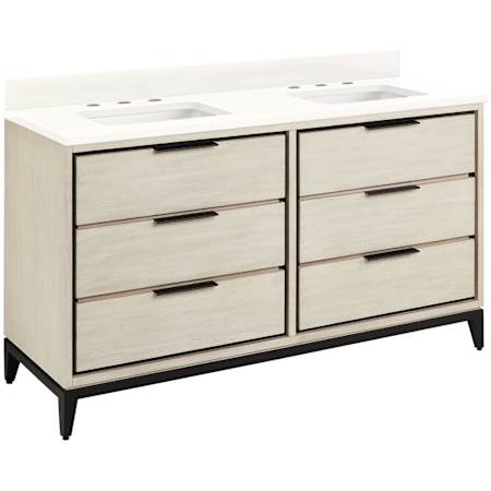 Signature Hardware Hytes 60" Freestanding Mahogany Double Basin Vanity Set with Cabinet, Vanity Top, and Rectangular Undermount Sink - 8" Widespread Faucet Holes Sky Gray / Arctic White