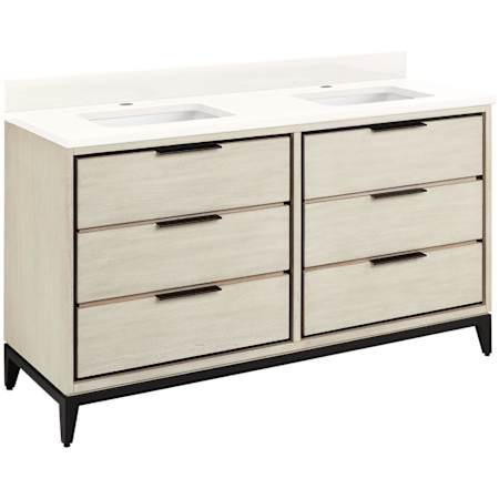 Signature Hardware Hytes 60" Freestanding Mahogany Double Basin Vanity Set with Cabinet, Vanity Top, and Rectangular Undermount Sink - Single Faucet Holes Sky Gray / Arctic White