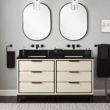 Signature Hardware Hytes 60" Freestanding Mahogany Double Basin Vanity Set with Cabinet, Vanity Top, and Rectangular Undermount Sink - No Faucet Holes Sky Gray / Absolute Black
