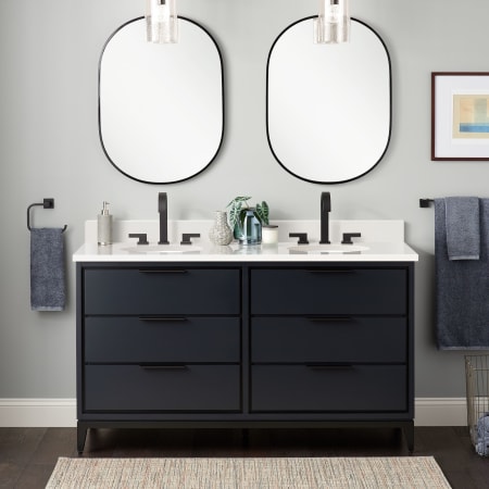 Signature Hardware Hytes 60" Freestanding Mahogany Double Basin Vanity Set with Cabinet, Vanity Top, and Oval Undermount Sink - 8" Faucet Holes Midnight Navy Blue / Arctic White