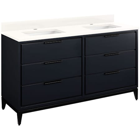 Signature Hardware Hytes 60" Freestanding Mahogany Double Basin Vanity Set with Cabinet, Vanity Top, and Rectangular Undermount Sink - Single Faucet Holes Midnight Navy Blue / Arctic White