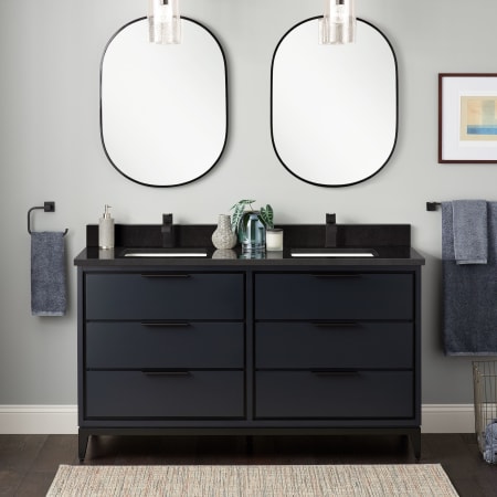 Signature Hardware Hytes 60" Freestanding Mahogany Double Basin Vanity Set with Cabinet, Vanity Top, and Rectangular Undermount Sink - Single Faucet Holes Midnight Navy Blue / Absolute Black