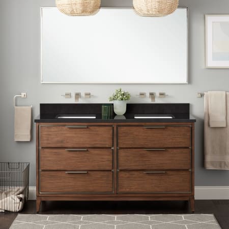 Signature Hardware Hytes 60" Freestanding Mahogany Double Basin Vanity Set with Cabinet, Vanity Top, and Rectangular Undermount Sink - No Faucet Holes Carob Brown / Absolute Black