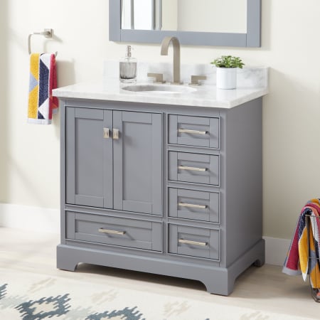 Signature Hardware Quen 36" Freestanding Single Basin Vanity Set with Cabinet, Vanity Top, and Oval Undermount Sink - 8" Faucet Holes Gray / Carrara Marble