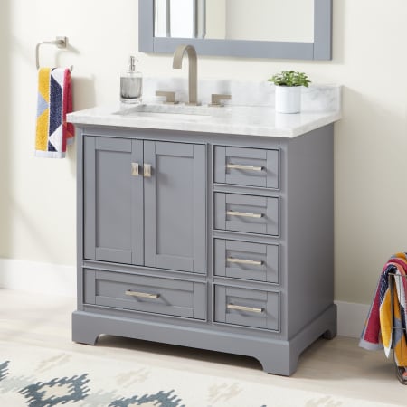 Signature Hardware Quen 36" Freestanding Single Basin Vanity Set with Cabinet, Vanity Top, and Rectangular Undermount Sink - 8" Faucet Holes Gray / Carrara Marble