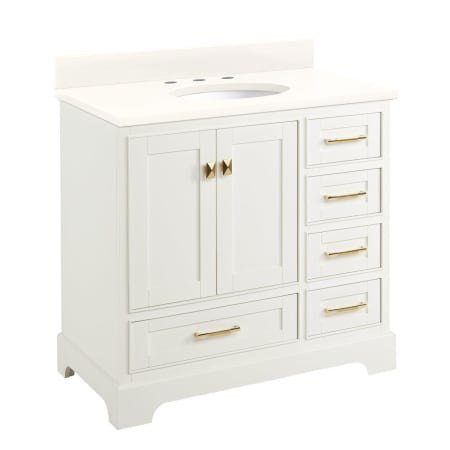 Signature Hardware Quen 36" Freestanding Single Basin Vanity Set with Cabinet, Vanity Top, and Oval Undermount Sink - 8" Faucet Holes Soft White / Arctic White