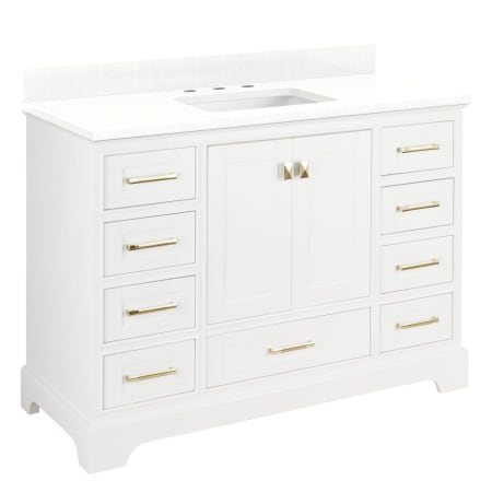 Signature Hardware Quen 48" Freestanding Single Basin Vanity Set with Cabinet, Vanity Top, and Rectangular Undermount Sink - 8" Faucet Holes Soft White / Feathered White