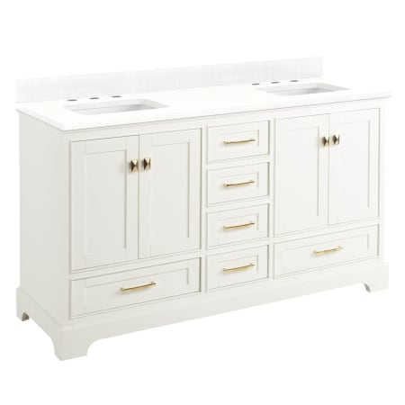Signature Hardware Quen 60" Freestanding Double Basin Vanity Set with Cabinet, Vanity Top, and Rectangular Undermount Sinks - 8" Faucet Holes Soft White / Feathered White