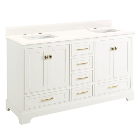 Signature Hardware Quen 60" Freestanding Double Basin Vanity Set with Cabinet, Vanity Top, and Rectangular Undermount Sinks - 8" Faucet Holes Soft White / Arctic White