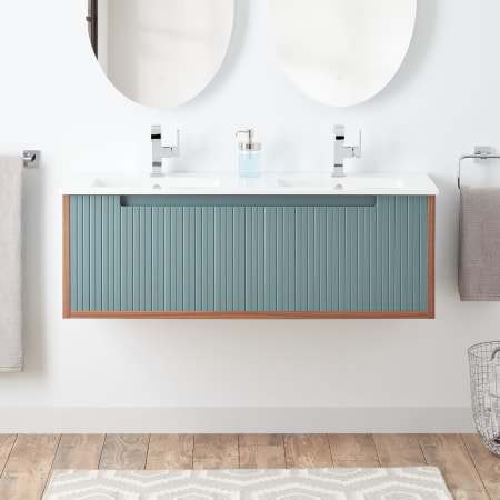Signature Hardware Bisbee 48" Wall-Mounted Double Basin Vanity Set with Cabinet, Ceramic Vanity Top, and Rectangular Integrated Ceramic Sink - Single Faucet Holes Sage Green / Warm Oak
