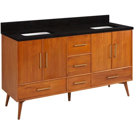 Signature Hardware Novak 60" Freestanding Teak Double Basin Vanity Set with Cabinet, Vanity Top, and Rectangular Undermount Sinks - No Faucet Holes Teak / Absolute Black