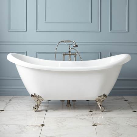 Signature Hardware Rosalind 63" Acrylic Soaking Clawfoot Tub with Pre-Drilled Overflow Hole, Imperial Feet and Rolled Rim - Less Drain White / Brushed Nickel