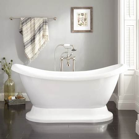 Signature Hardware 63" Rosalind Acrylic Double-Slipper Pedestal Tub - Rolled Rim and Drain White / Chrome