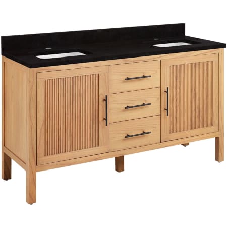 Signature Hardware Ayanna 60" Freestanding Mindi Wood Double Basin Vanity Set with Cabinet, Vanity Top and Rectangular Undermount Sinks - Single Faucet Holes Natural Mindi / Absolute Black