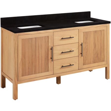 Signature Hardware Ayanna 60" Freestanding Mindi Wood Double Basin Vanity Set with Cabinet, Vanity Top and Rectangular Undermount Sinks - No Faucet Holes Natural Mindi / Absolute Black