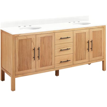 Signature Hardware Ayanna 72" Freestanding Mindi Wood Double Basin Vanity Set with Cabinet, Vanity Top and Oval Undermount Sinks - 8" Faucet Holes