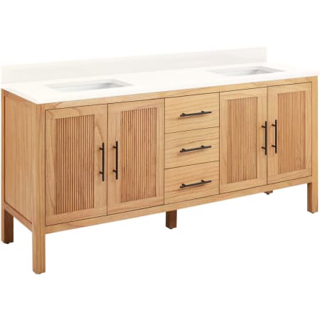 Signature Hardware Ayanna 72" Freestanding Mindi Wood Double Basin Vanity Set with Cabinet, Vanity Top and Rectangular Undermount Sinks - No Faucet Holes Natural Mindi / Arctic White