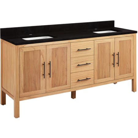 Signature Hardware Ayanna 72" Freestanding Mindi Wood Double Basin Vanity Set with Cabinet, Vanity Top and Rectangular Undermount Sinks - Single Faucet Holes Natural Mindi / Absolute Black