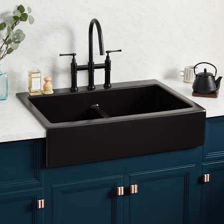 Signature Hardware Galion 34-1/16" Farmhouse Double Basin Fireclay Kitchen Sink Matte Black