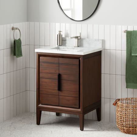 Signature Hardware Aliso 24" Freestanding Teak Single Basin Vanity Set with Cabinet, Vanity Top, and Rectangular Undermount Sink - Single Faucet Hole Java / Carrara Marble