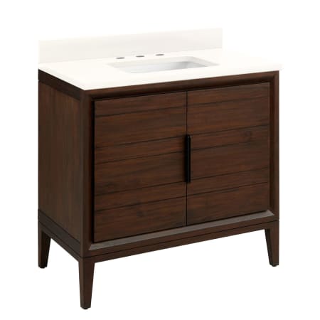 Signature Hardware Aliso 36" Single Vanity Set with Teak Cabinet, Quartz Vanity Top, and Rectangular Sink - 1-1/2" Faucet Holes Java / Arctic White