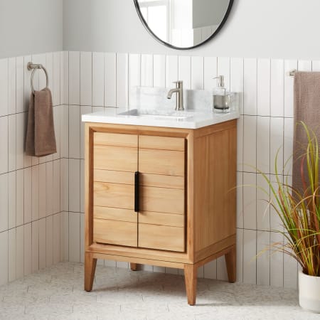 Signature Hardware Aliso 24" Freestanding Teak Single Basin Vanity Set with Cabinet, Vanity Top, and Rectangular Undermount Sink - Single Faucet Hole Natural Teak / Carrara Marble