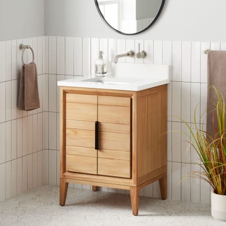 Signature Hardware Aliso 24" Freestanding Teak Single Basin Vanity Set with Cabinet, Vanity Top, and Rectangular Undermount Sink - No Faucet Holes Natural Teak / Arctic White