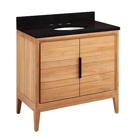 Signature Hardware Aliso 36" Freestanding Teak Single Basin Vanity Set with Cabinet, Vanity Top, and Oval Undermount Sink - 8" Widespread Faucet Holes Natural Teak / Absolute Black