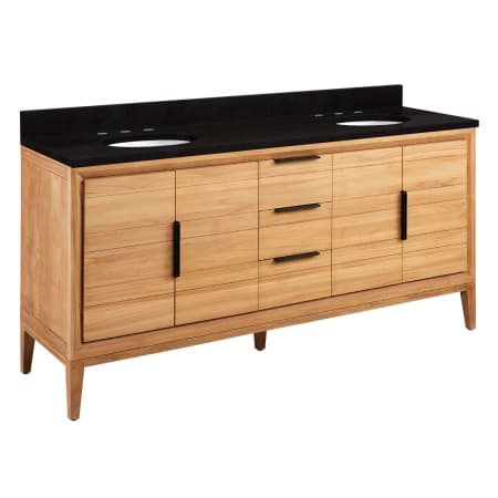 Signature Hardware Aliso 72" Freestanding Teak Single Basin Vanity Set with Cabinet, Vanity Top, and Oval Undermount Sinks - 8" Widespread Faucet Holes Natural Teak / Absolute Black