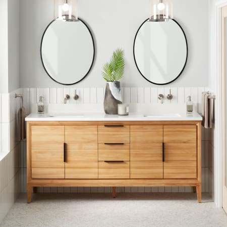 Signature Hardware Aliso 72" Freestanding Teak Double Basin Vanity Set with Cabinet, Vanity Top, and Rectangular Undermount Sinks - No Faucet Holes Natural Teak / Arctic White
