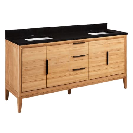 Signature Hardware Aliso 72" Freestanding Teak Double Basin Vanity Set with Cabinet, Vanity Top, and Rectangular Undermount Sinks - Single Faucet Holes Natural Teak / Absolute Black
