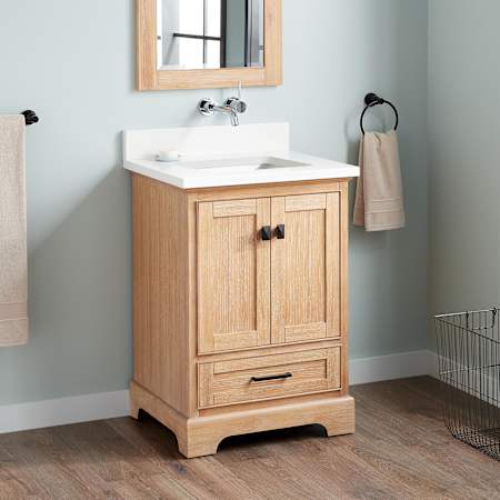 Signature Hardware Quen 24" Freestanding Single Basin Vanity Set with Cabinet, Vanity Top, and Rectangular Undermount Sink - No Faucet Holes Driftwood Brown / Arctic White Quartz