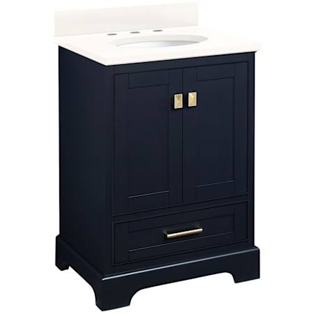 Signature Hardware Quen 24" Freestanding Single Basin Vanity Set with Cabinet, Vanity Top, and Oval Undermount Sink - 8" Faucet Holes Midnight Navy Blue / Arctic White Quartz