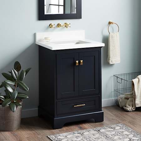 Signature Hardware Quen 24" Freestanding Single Basin Vanity Set with Cabinet, Vanity Top, and Rectangular Undermount Sink - No Faucet Holes Midnight Navy Blue / Arctic White Quartz