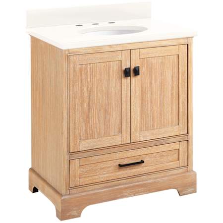 Signature Hardware Quen 30" Freestanding Single Basin Vanity Set with Cabinet, Vanity Top, and Oval Undermount Sink - 8" Faucet Holes Driftwood Brown / Arctic White Quartz