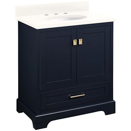 Signature Hardware Quen 30" Freestanding Single Basin Vanity Set with Cabinet, Vanity Top, and Oval Undermount Sink - 8" Widespread Faucet Holes Midnight Navy Blue / Arctic White Quartz