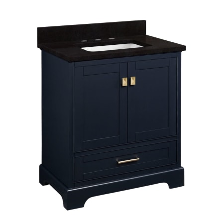 Signature Hardware Quen 30" Freestanding Single Basin Vanity Set with Cabinet, Vanity Top, and Rectangular Undermount Sink - 8" Widespread Faucet Holes Midnight Navy Blue / Absolute Black Granite